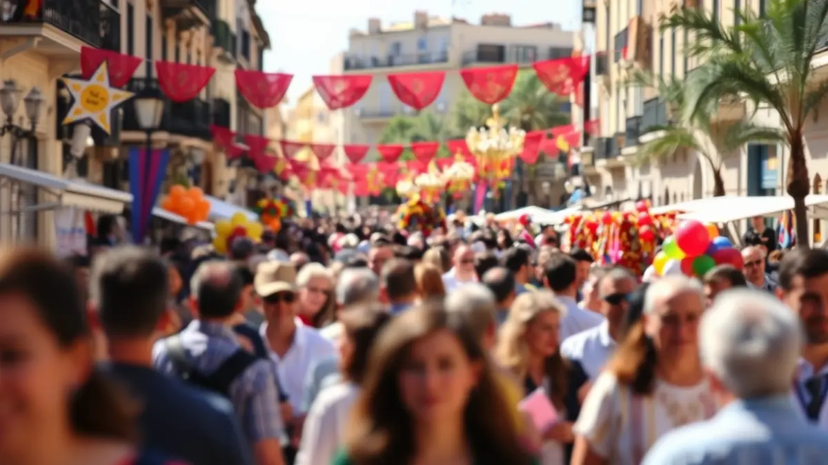 Imagen genérica de una fiesta popular valenciana con gente y decoración colorida.