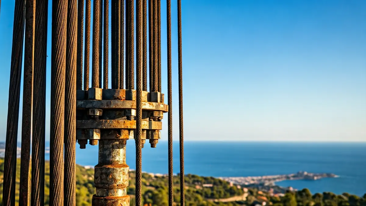 Image of an oil drilling rig against a blue sky with a blurred Mediterranean coastline.