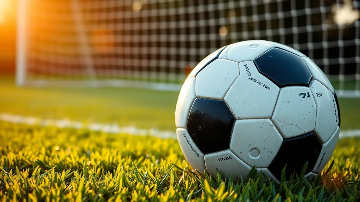 Imatge genèrica d'una pilota de futbol sobre la gespa d'un camp, amb la porteria desenfocada al fons.
