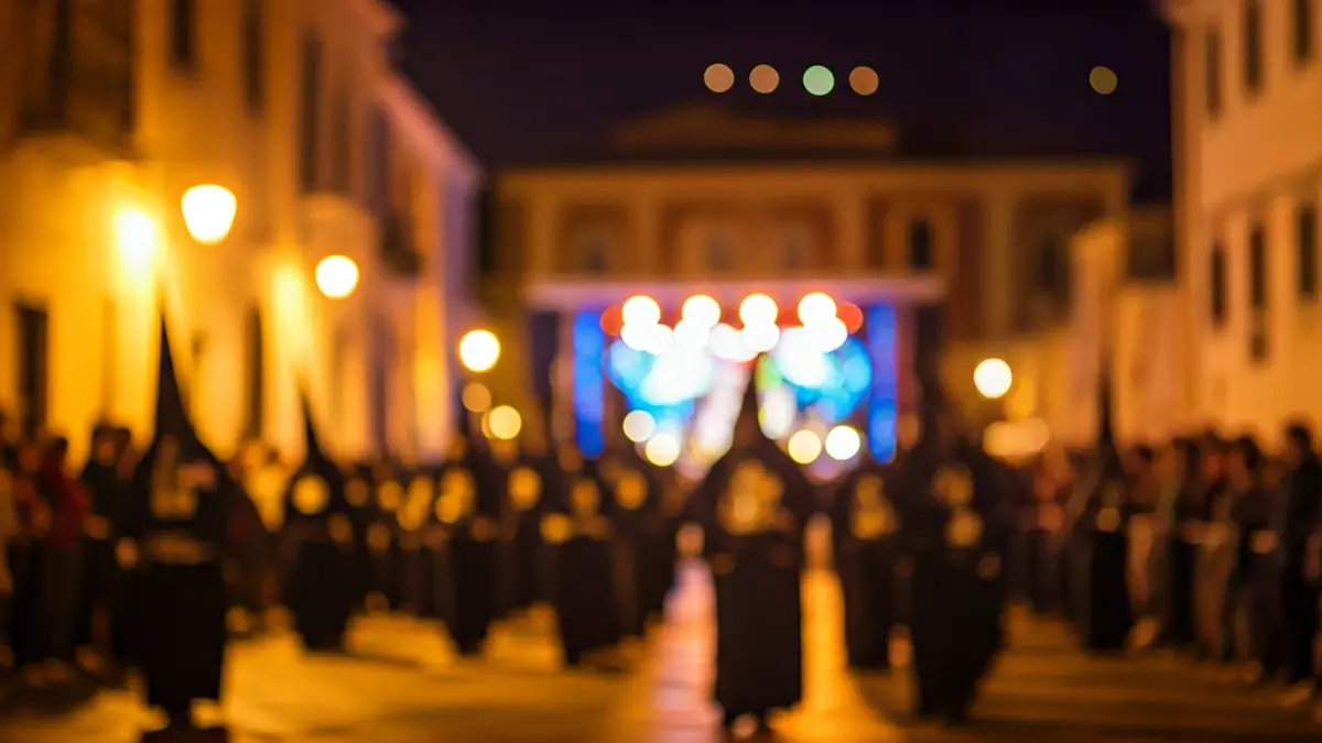 Imagen que representa la coexistencia de una procesión religiosa y un evento musical en un espacio público.