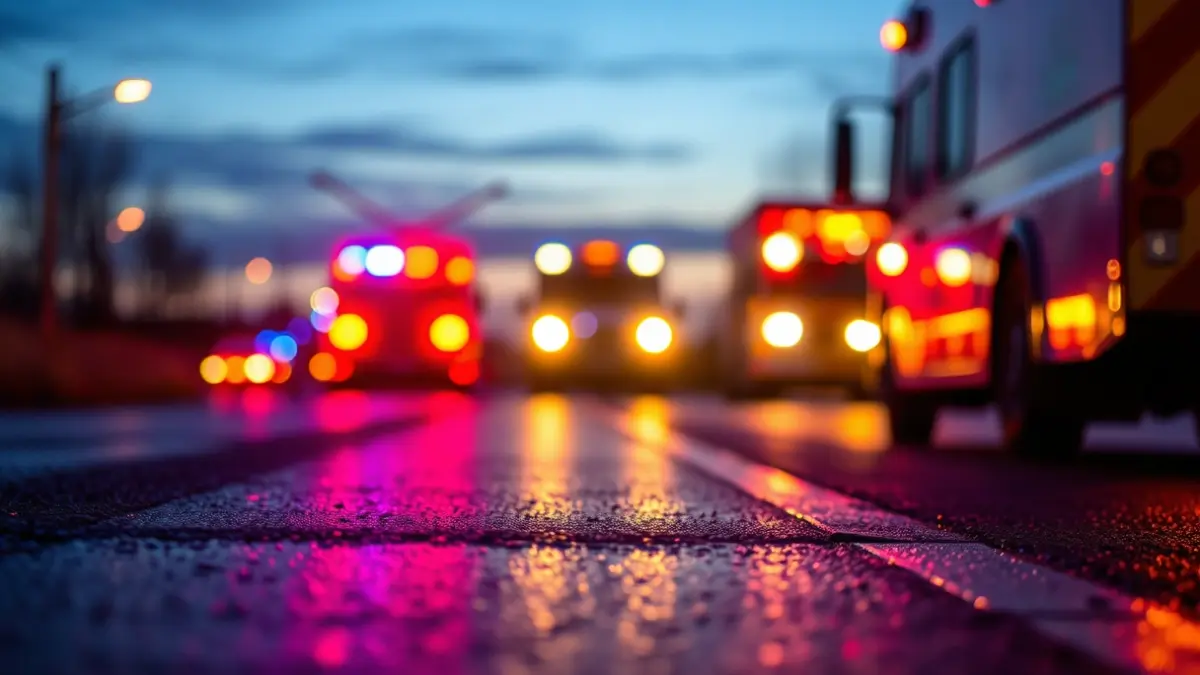 Generic image of emergency lights reflecting on wet asphalt at a traffic accident.