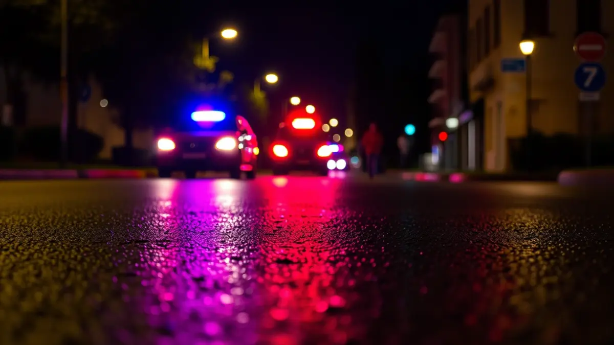 Generic image of emergency lights reflecting on wet asphalt at night, no vehicles visible.
