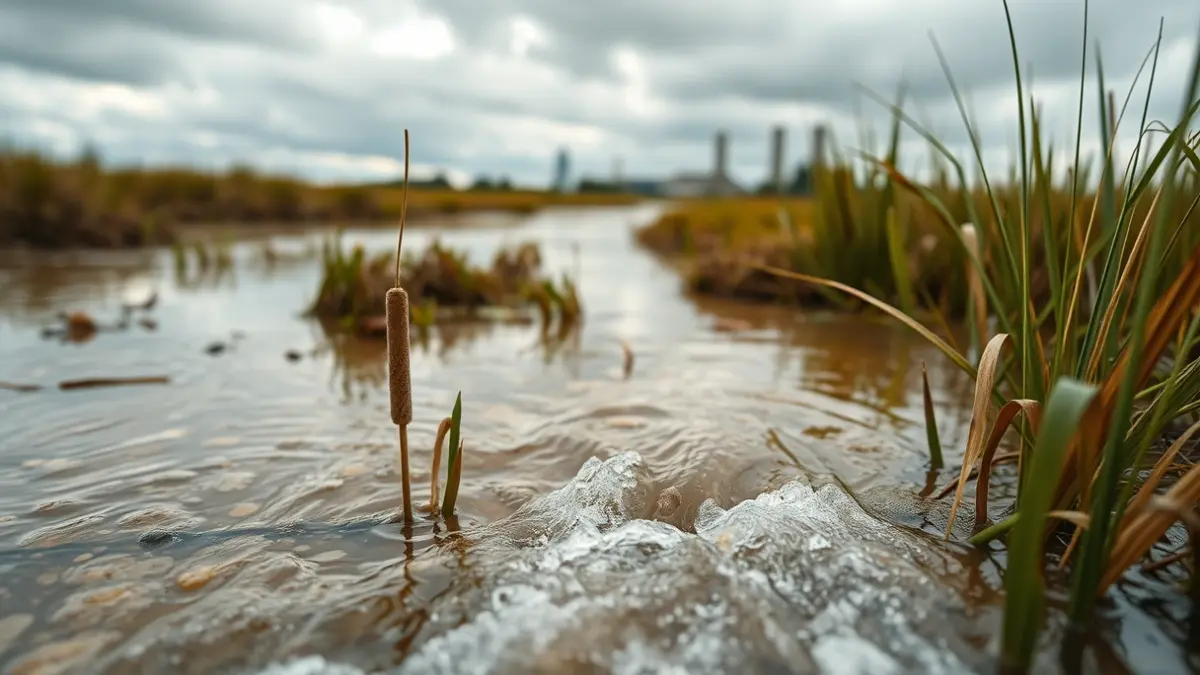 Imagen genérica de aguas residuales fluyendo hacia un humedal natural.