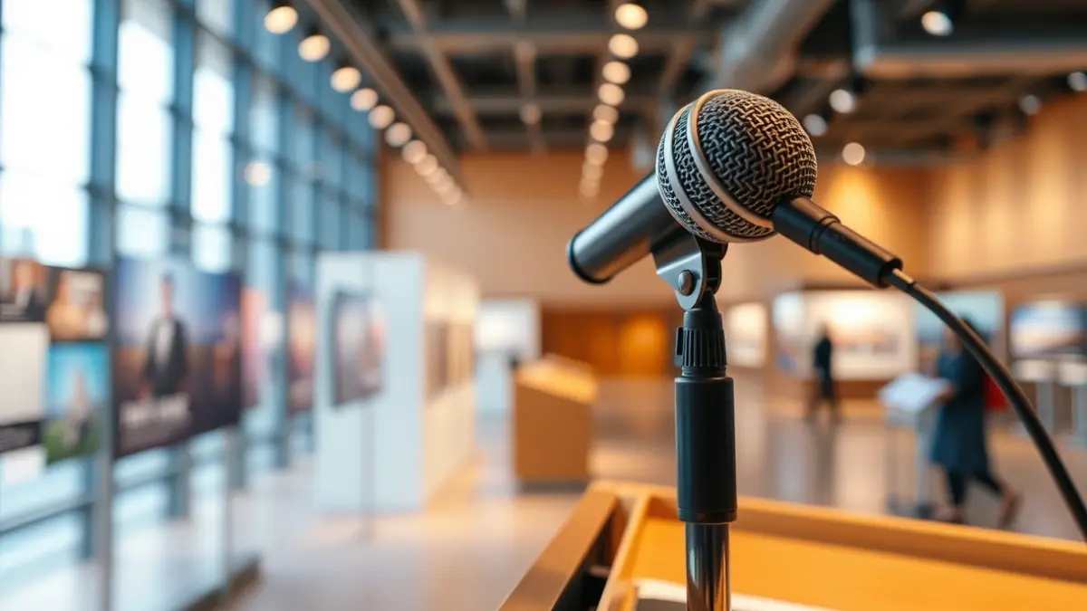 Imatge d'un micròfon en un podi en un museu modern, amb exposicions borroses al fons.