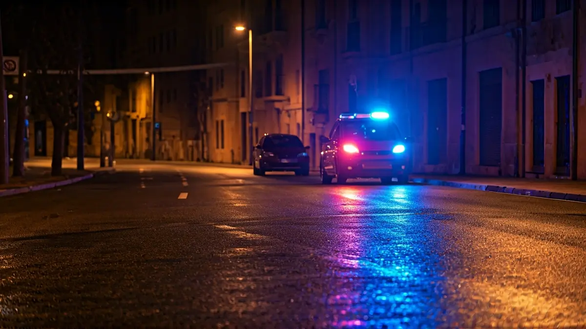 Imatge genèrica de llums d'emergència reflectint-se sobre l'asfalt mullat de nit.