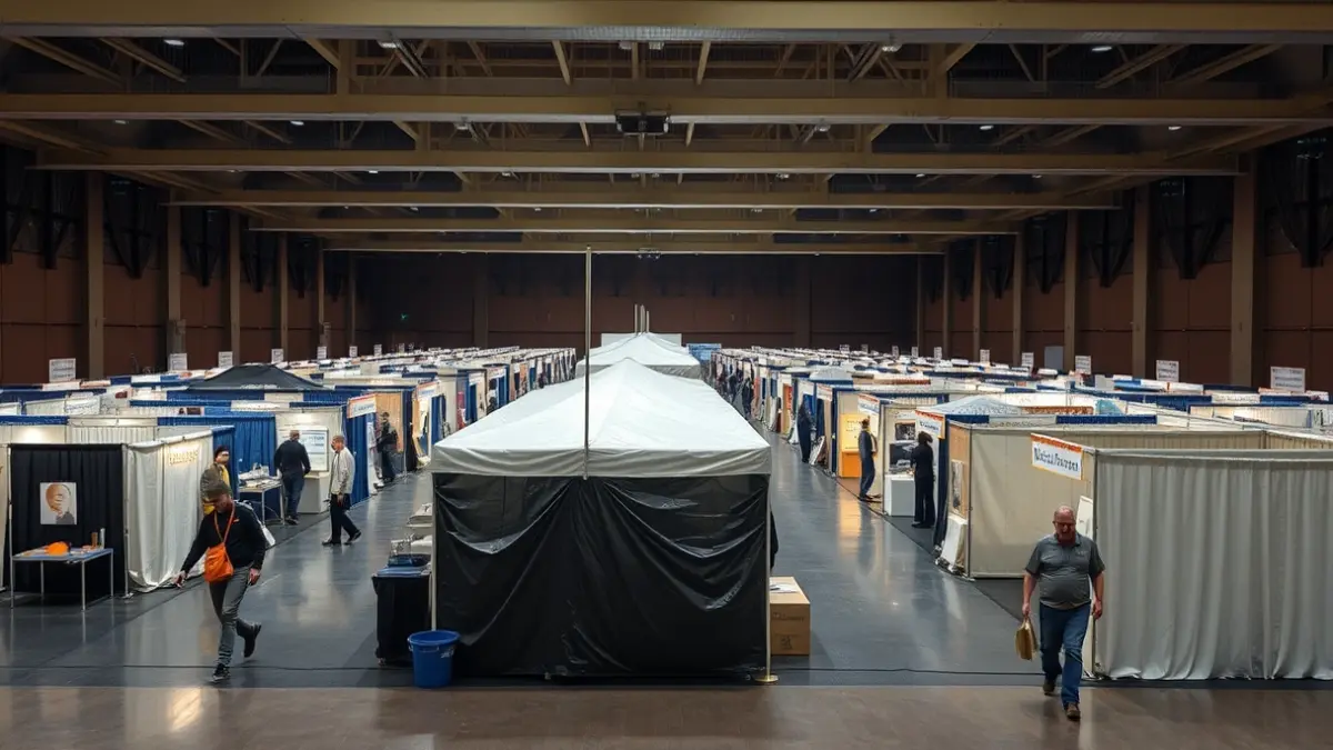 Generic image of an exhibition space under construction, with some stands covered due to rain.