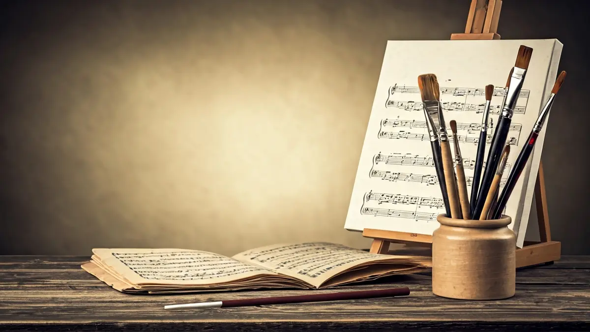 Imatge que evoca la figura d'un pintor i un músic, amb elements artístics i partitures.