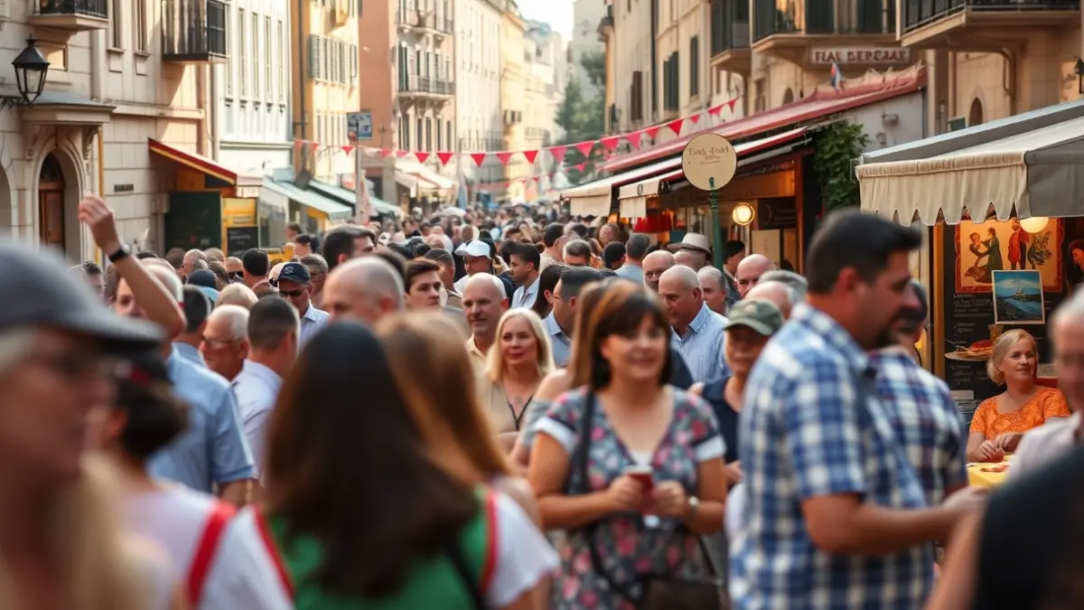 Imatge d'una jornada cultural amb música i gastronomia en una plaça mediterrània.
