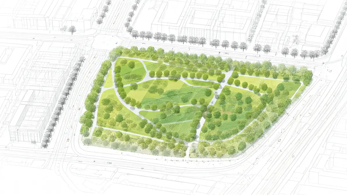 Plànol o disseny arquitectònic d'un parc urbà amb zones verdes i infraestructures.