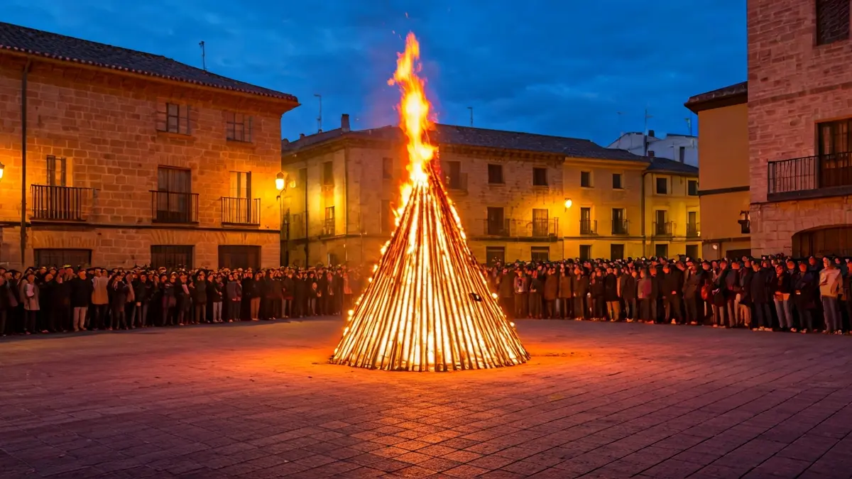Imatge d'una foguera cremant en una plaça, amb gent al voltant i edificis històrics al fons.