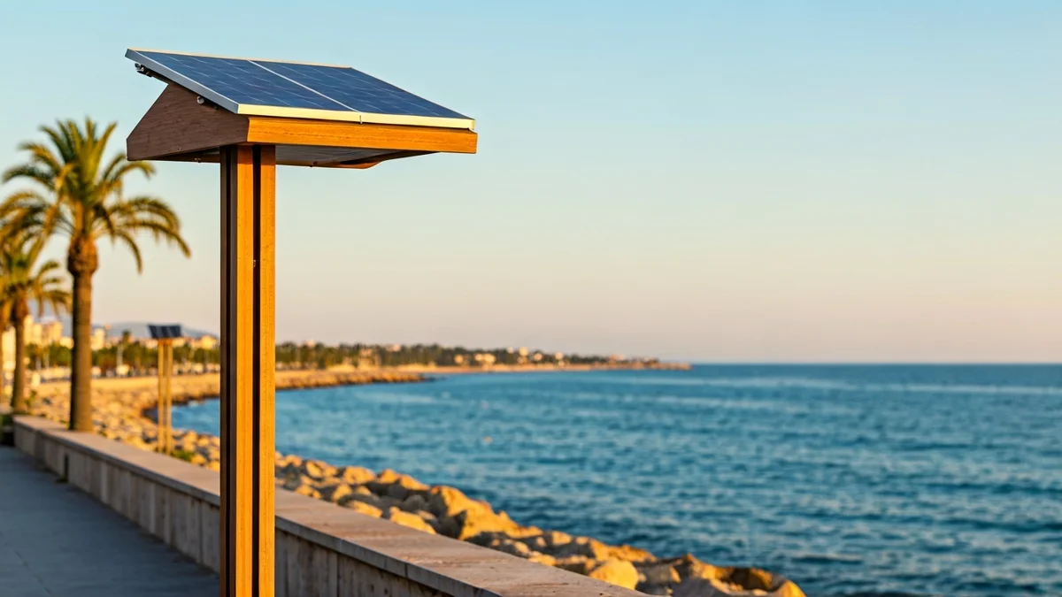 Image of a wooden solar street light on a coastal promenade.