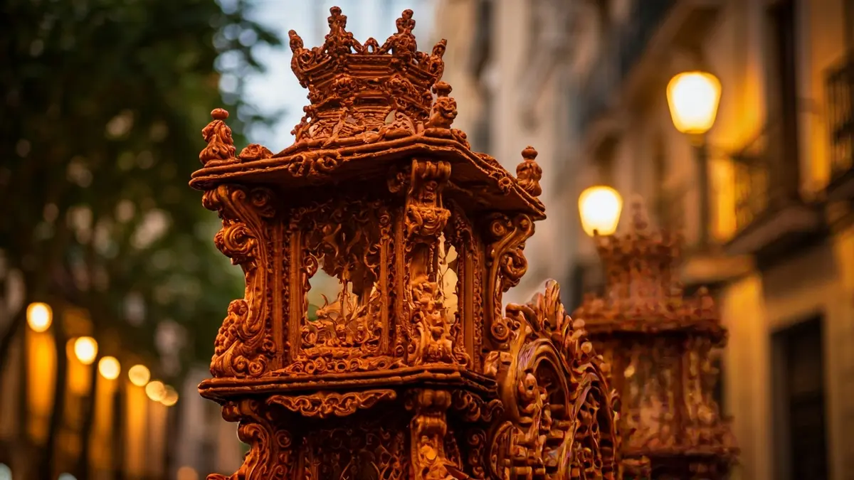Imatge d'una foguera tradicional amb detalls intricats, en un carrer de la ciutat durant una festa.