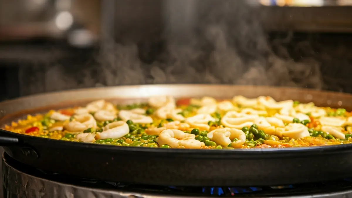 Image of a creamy rice with shrimp and squid being prepared in a paella pan.