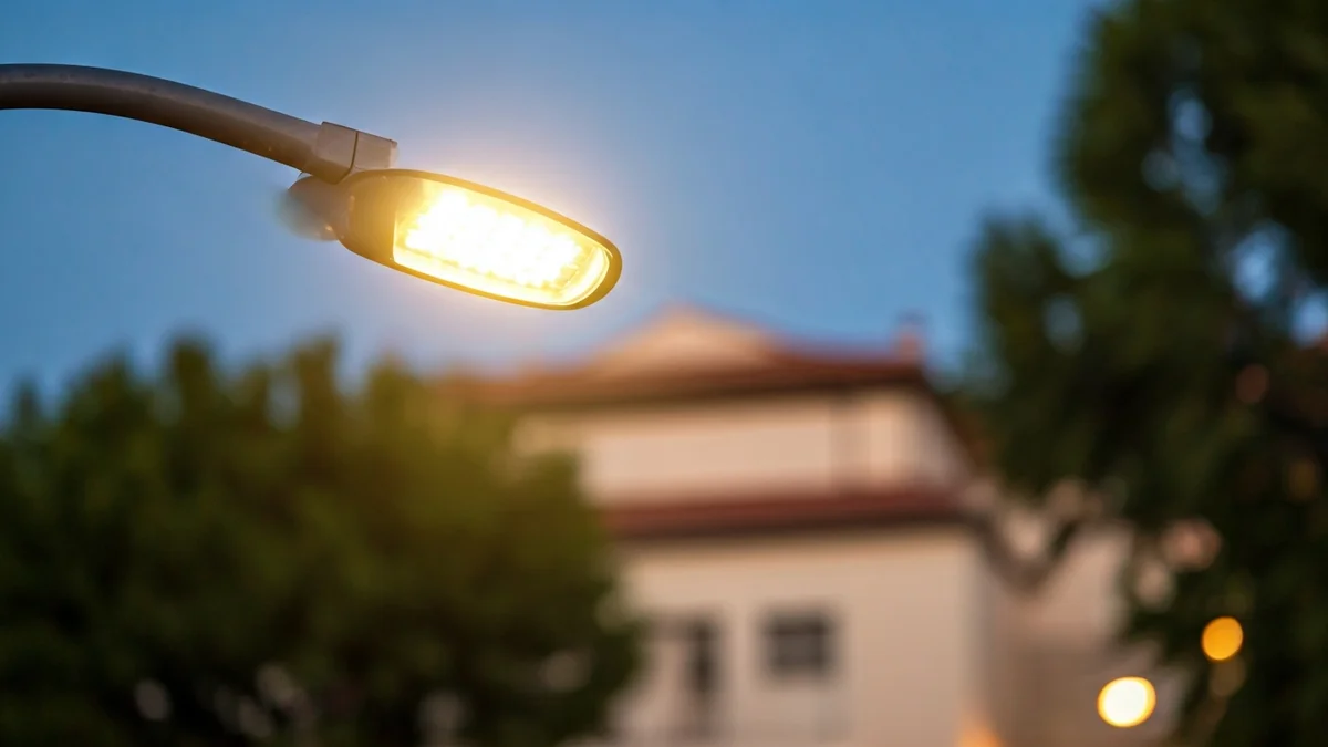 Imagen genérica de una farola moderna con luz LED en un entorno urbano al atardecer.