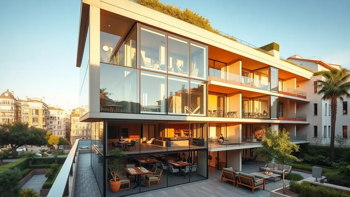 Imatge genèrica d'un edifici modern amb espais comuns, representant el 'flex living' o 'coliving' en un entorn urbà mediterrani.