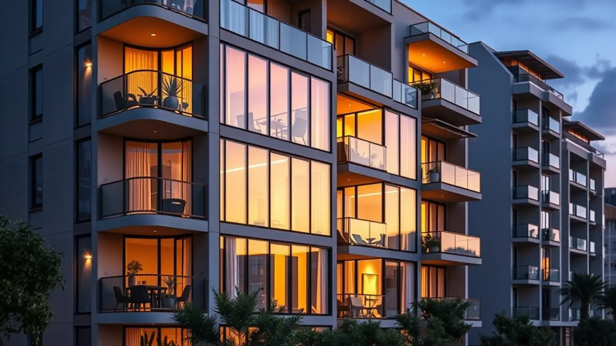 Imatge genèrica d'un edifici residencial modern amb balcons i grans finestres, reflectint les llums de la ciutat.