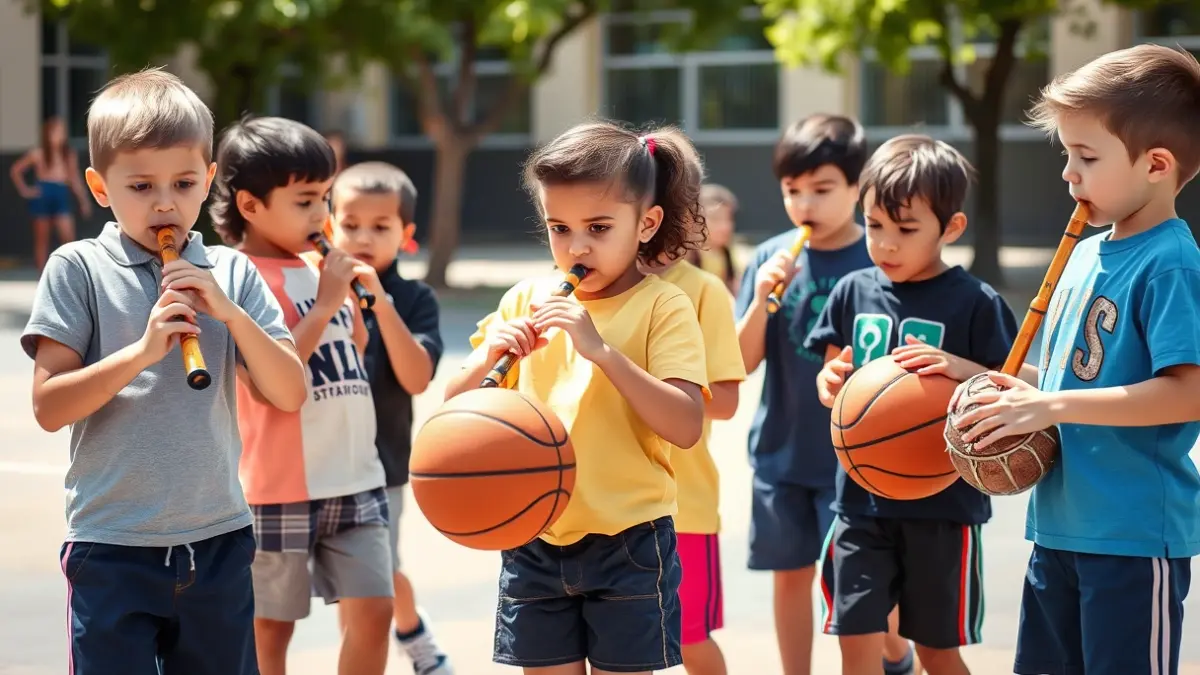Image of students playing musical instruments and doing exercises with basketballs in a schoolyard, highlighting coordination and group cohesion.