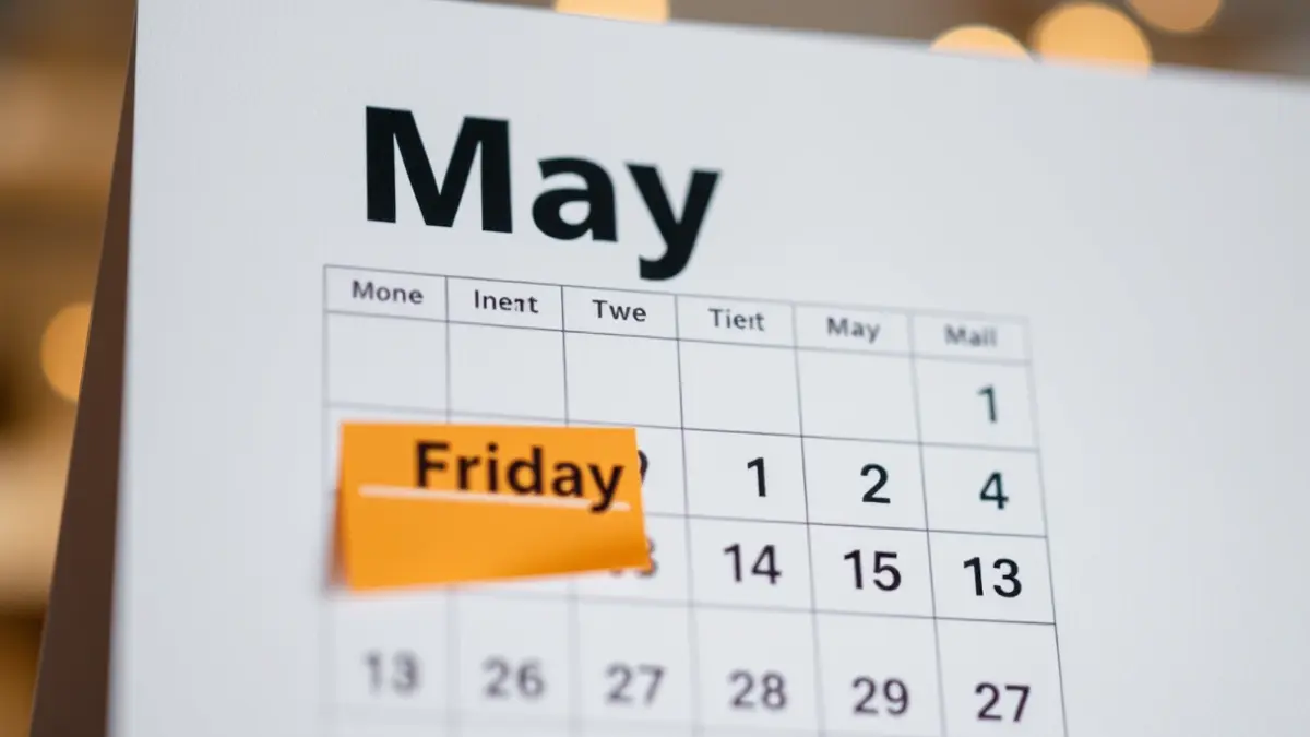 Generic image of a calendar page showing the month of May with a highlighted Friday for a long weekend.