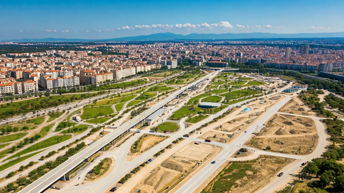 Imagen aérea de un gran parque urbano en construcción con espacios verdes y una estación intermodal moderna.