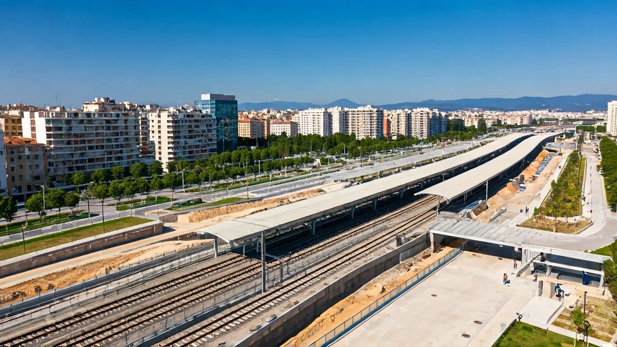 Imatge aèria d'un gran parc urbà en construcció, amb vies de tren cobertes i zones verdes en una ciutat mediterrània.