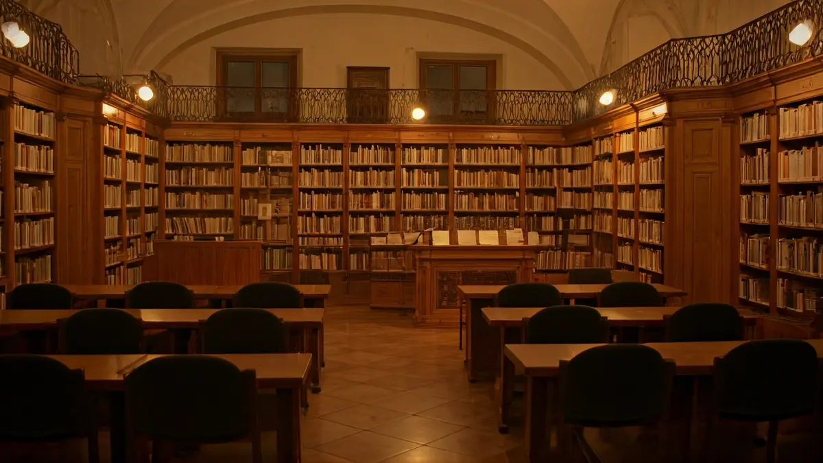 Imagen genérica de una sala de exposiciones o biblioteca con un podio y sillas.