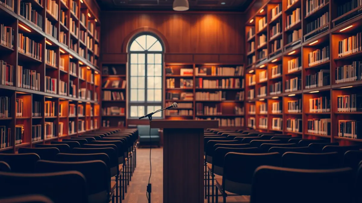 Imatge genèrica d'un interior de biblioteca amb prestatgeries de fusta i un ambient acollidor de lectura.