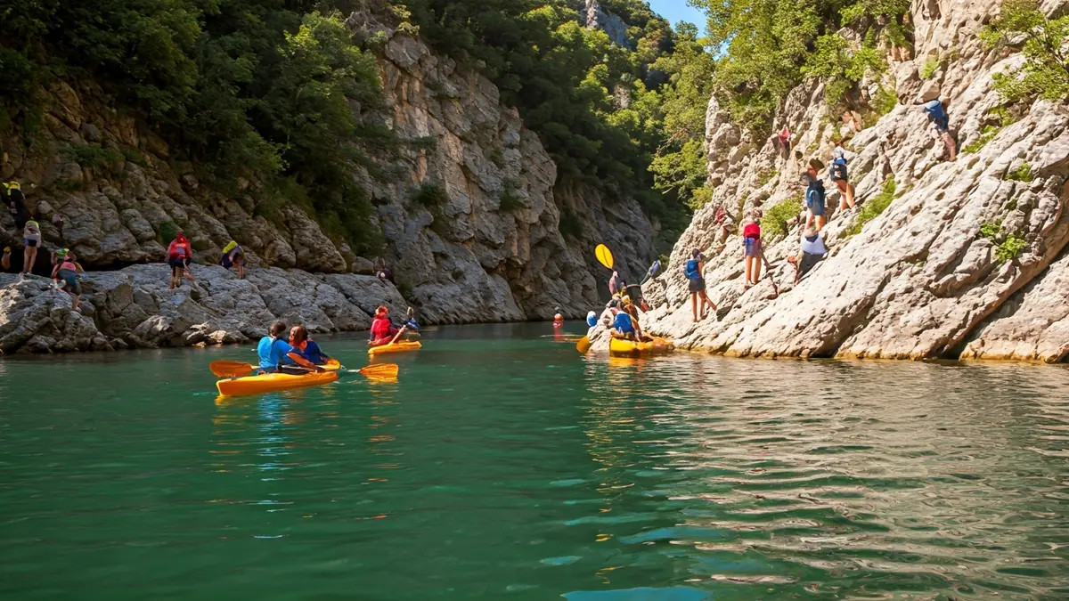 Imatge de joves realitzant activitats d'aventura a l'aire lliure en un entorn natural.