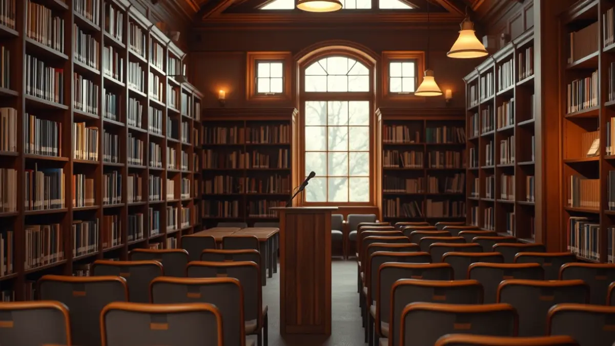 Generic image of a library with wooden bookshelves and a podium with a microphone, with warm lighting.