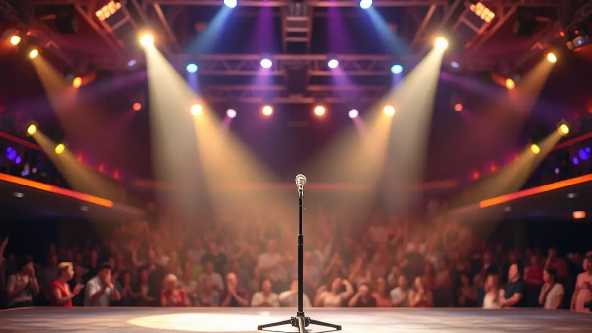 Generic image of a music competition stage with spotlights and an empty microphone, with a blurred audience in the background.