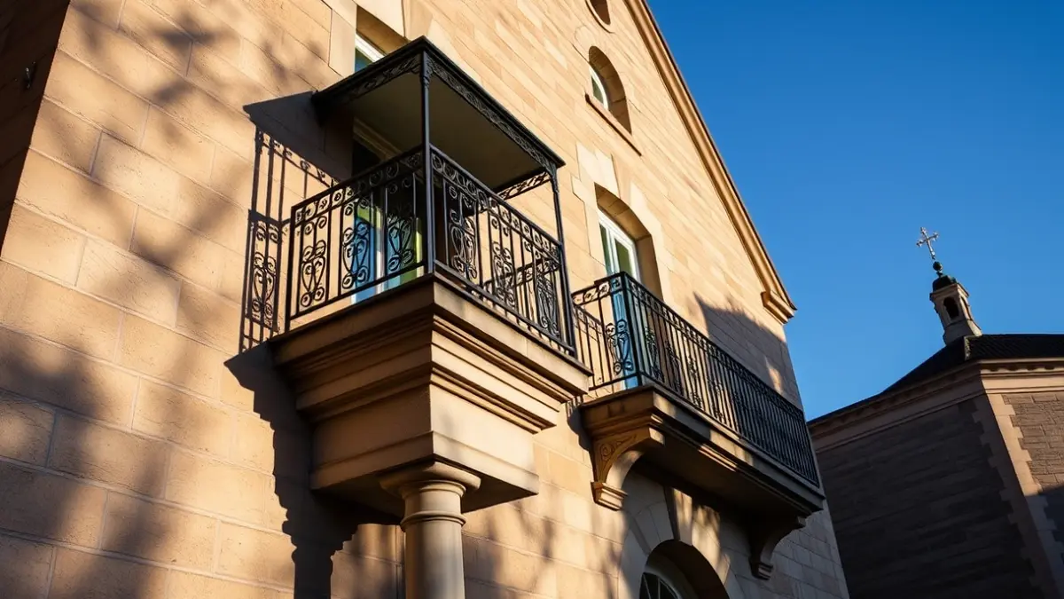 Fachada del ayuntamiento de Alcoy con balcón y barandillas de hierro, iluminada por el sol de la tarde.