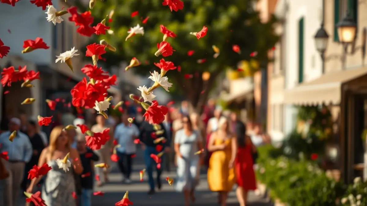 Imatge d'una pluja de clavells rojos i blancs en un carrer d'Alcoi durant les Festes de Moros i Cristians.