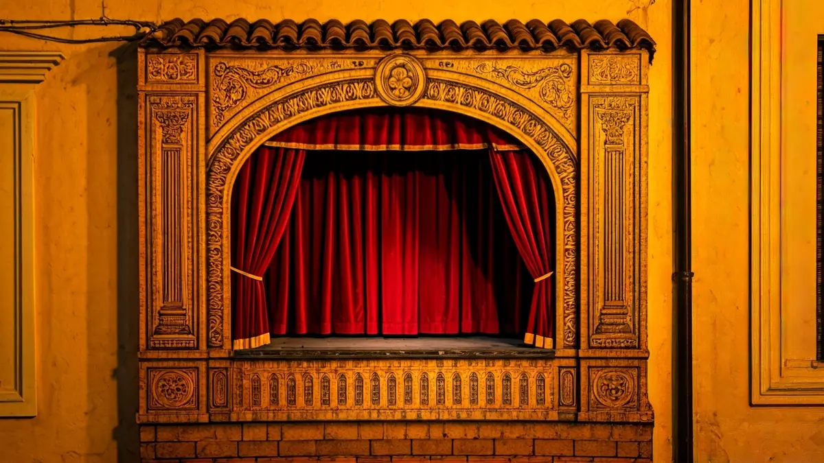 Imagen de un escenario de teatro de títeres tradicional, vacío y tenuemente iluminado, con un arco de proscenio ornamentado.