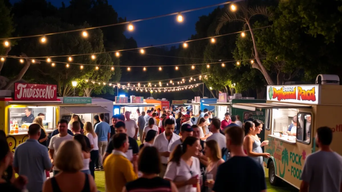Imagen de una feria de 'foodtrucks' en un parque mediterráneo de noche, con luces y gente disfrutando del ambiente festivo.