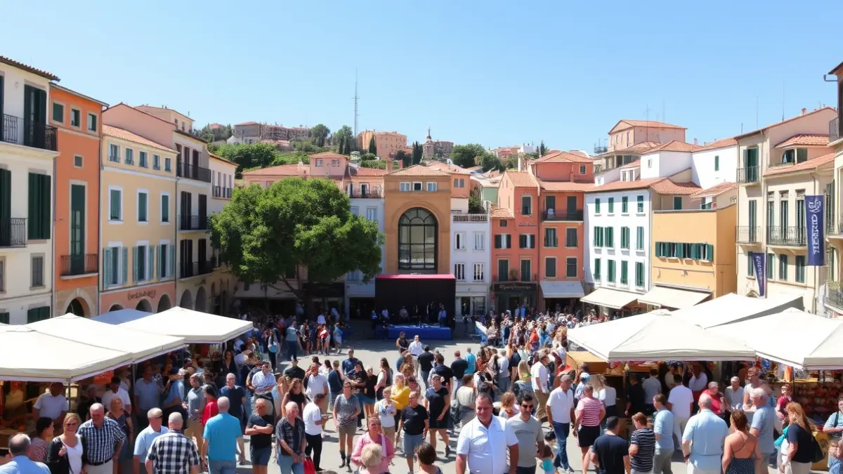 Imagen de una feria comunitaria en una plaza, con puestos y actividades diversas.