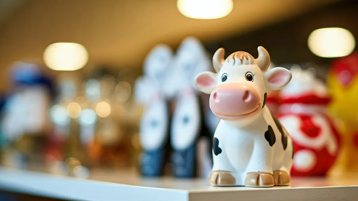 Imatge d'una figura de vaca, símbol de la marca Ale-Hop, en un entorn de botiga.