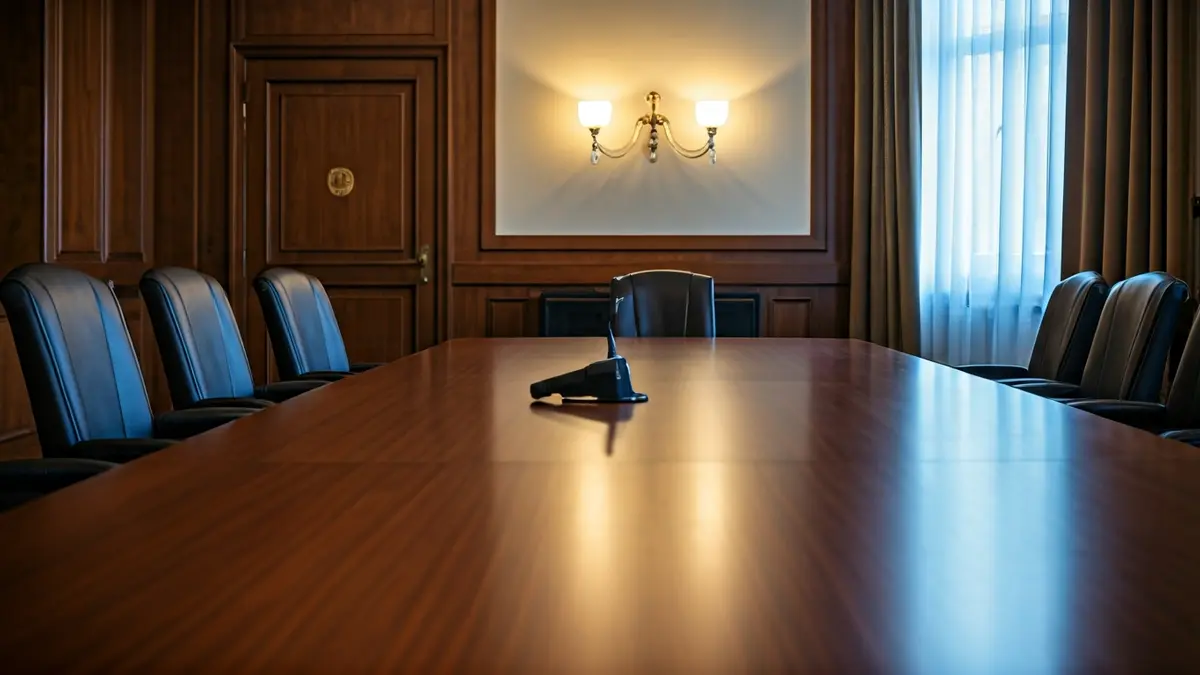 Imatge genèrica d'una sala de reunions amb una taula de conferències i un micròfon, suggerint una discussió institucional.