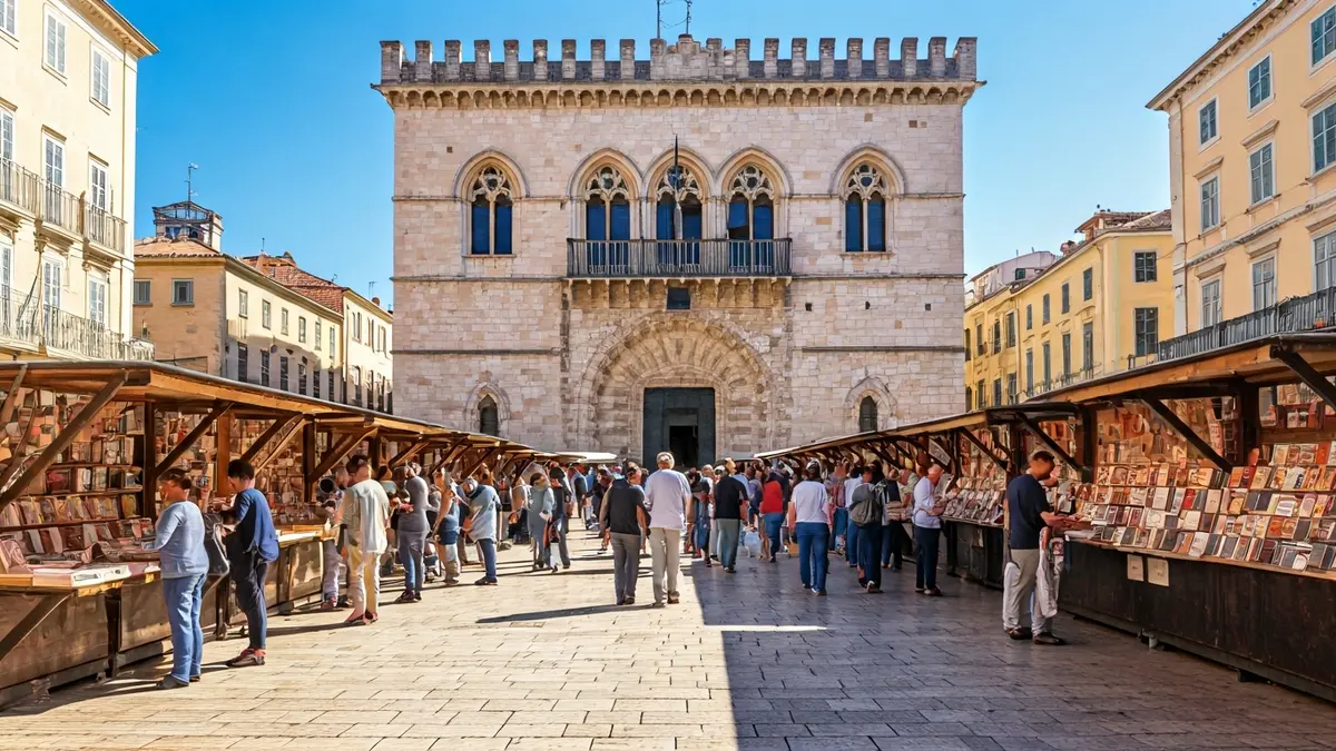 Image of a Mediterranean town square with book and food stalls, and the town hall in the background.