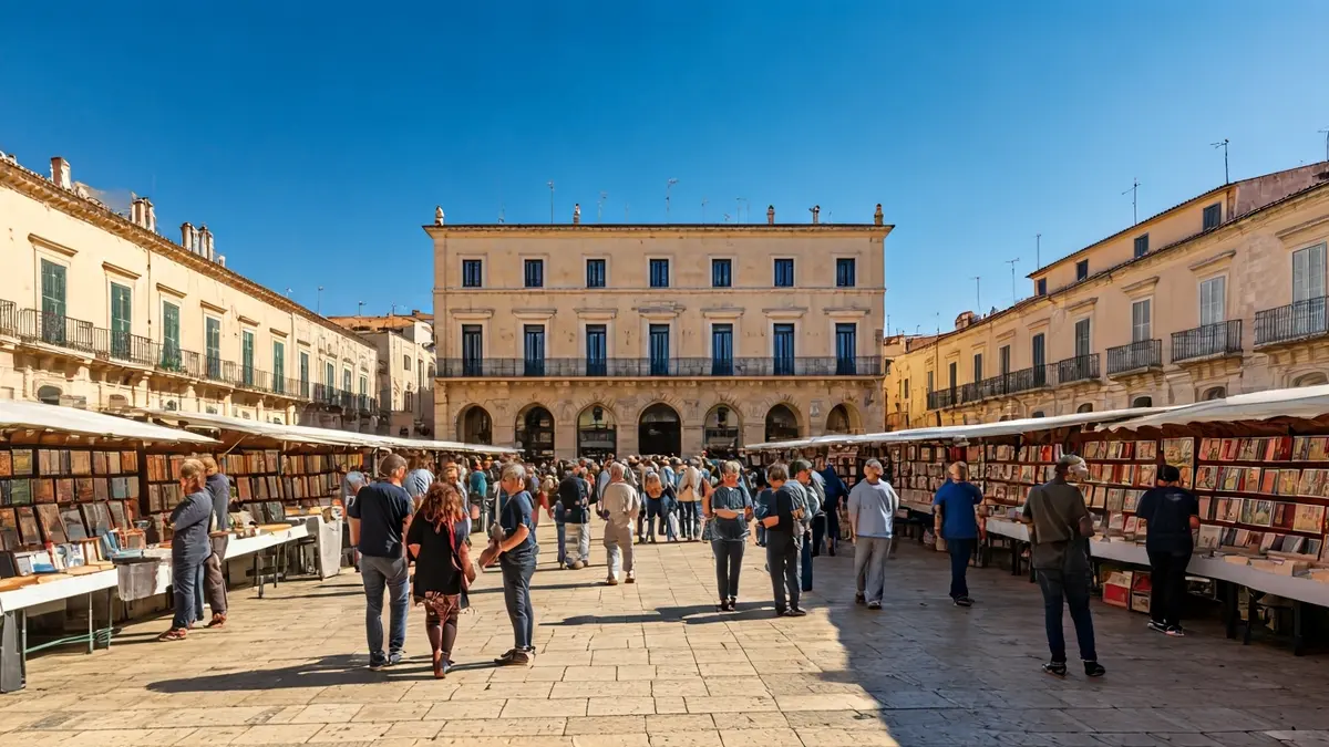 Imagen de una feria del libro y comercio en una plaza, con gente y puestos.
