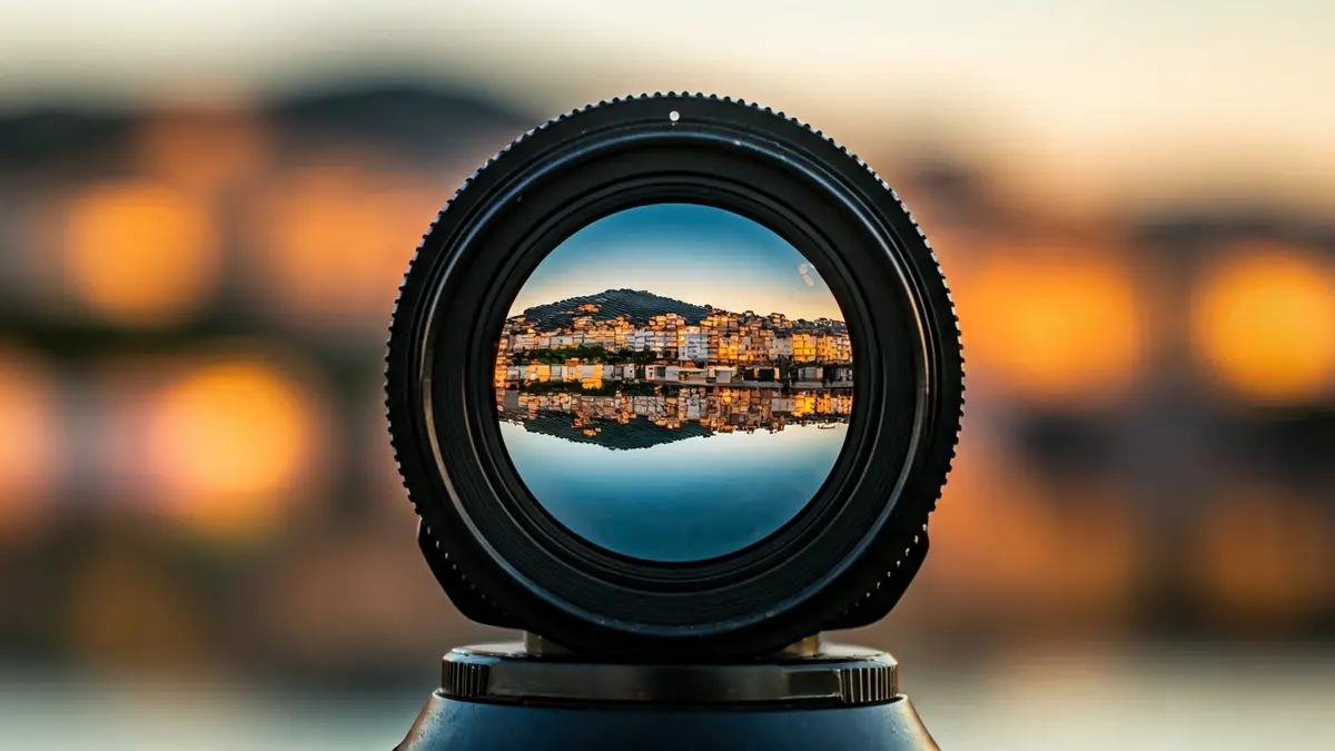 Imagen genérica de una lente de cámara reflejando un paisaje urbano mediterráneo al atardecer.