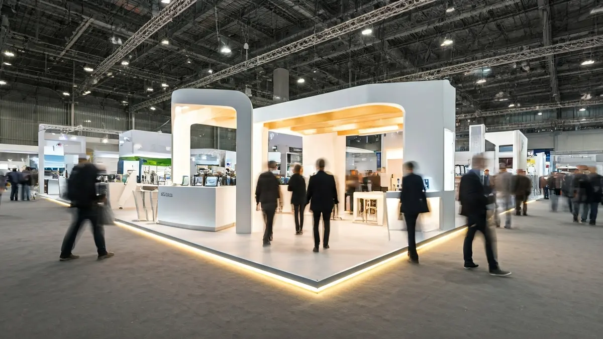Imatge genèrica d'un estand d'exposició en un centre comercial, amb productes innovadors i gent borrosa al fons.