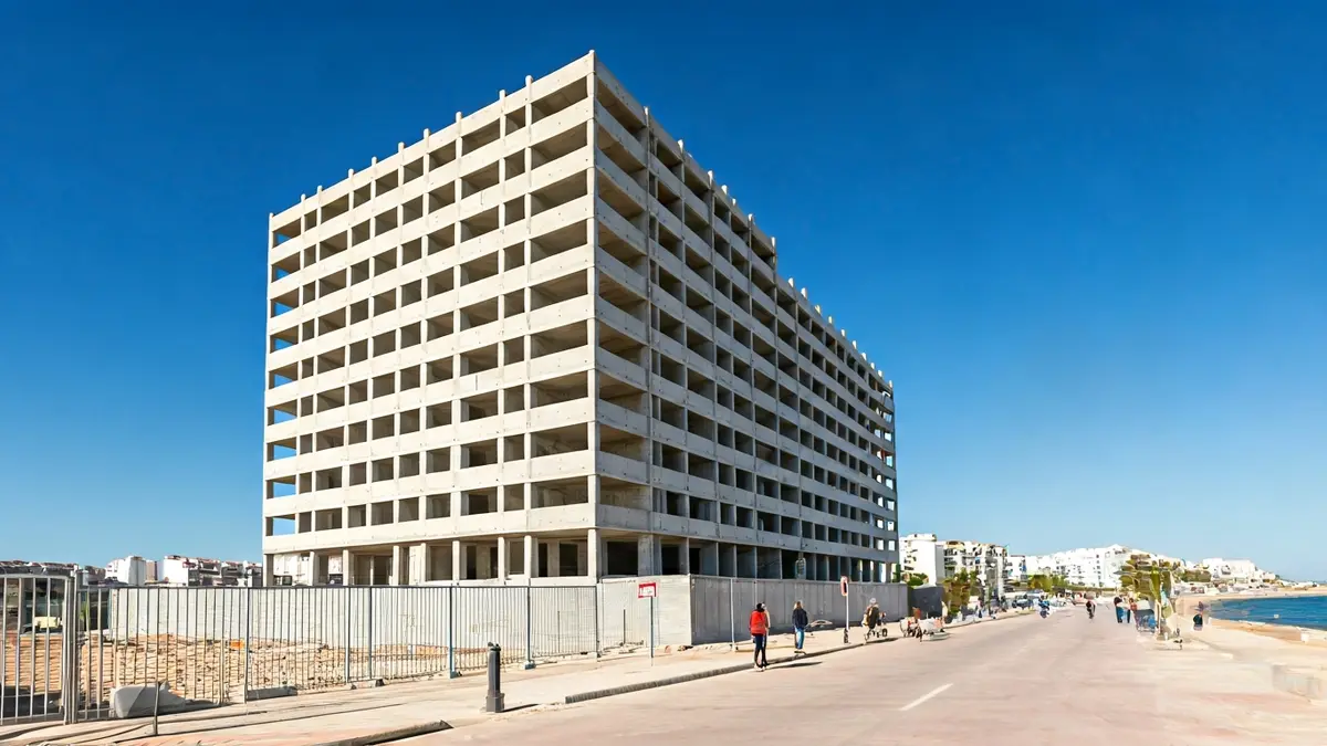Image of a residential building under construction at Xàbia's Arenal beach, with the structure already completed.