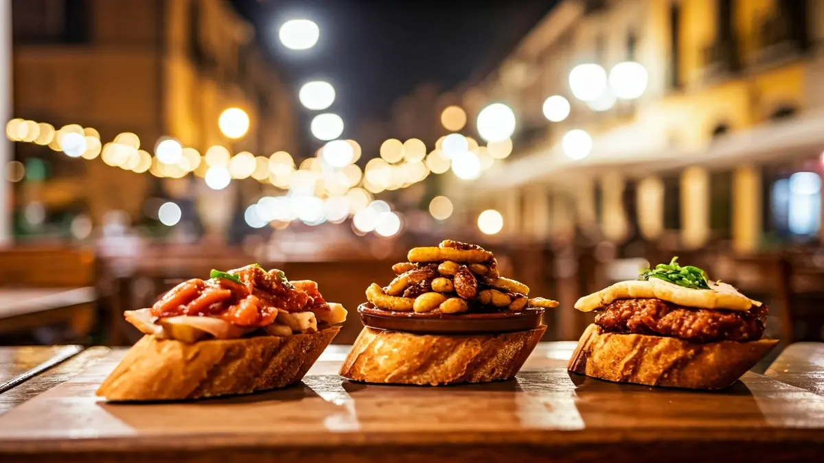 Generic image of various tapas dishes on a wooden table, with a blurred restaurant background.