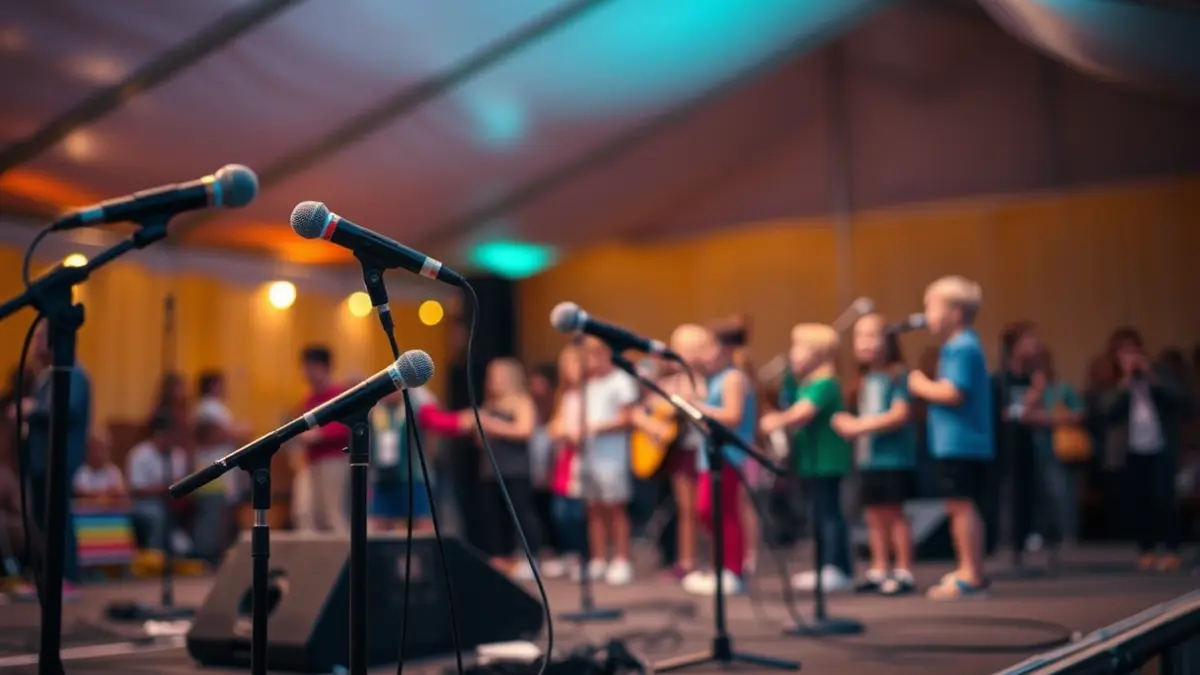 Imatge d'alumnes actuant en un escenari amb instruments musicals i micròfons, en una carpa de festes.