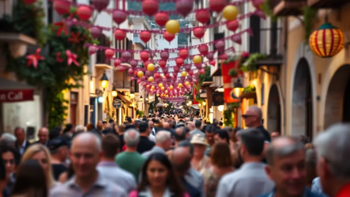 Generic image of a popular festival in a Mediterranean town street, with crowds and festive decorations.