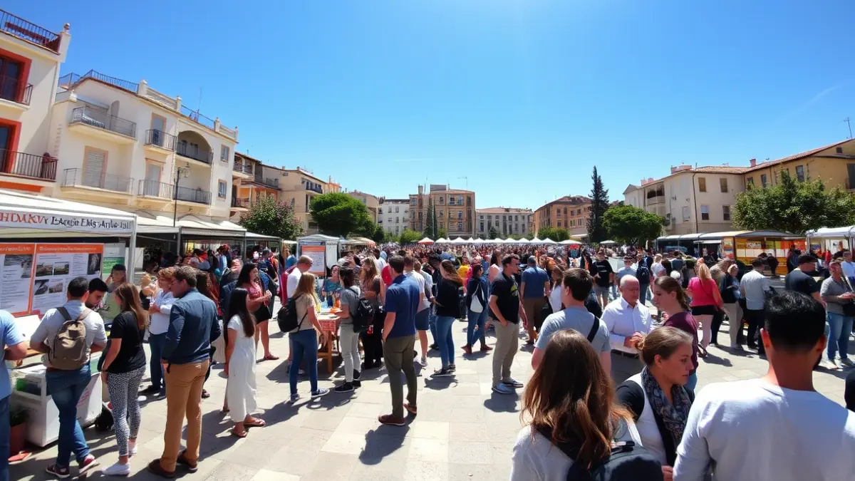 Image of a square full of young people participating in activities and workshops, with information points and a lively atmosphere of coexistence.