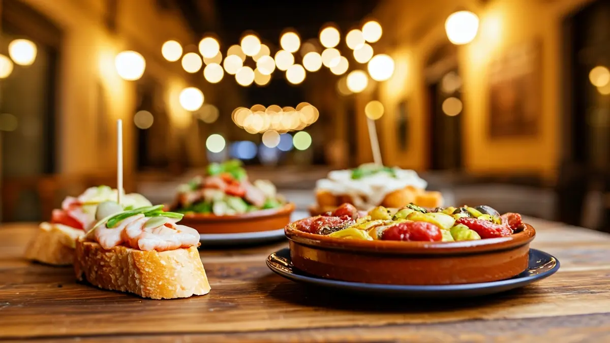 Imagen genérica de tapas variadas en una mesa de madera, con un ambiente de restaurante mediterráneo desenfocado al fondo.