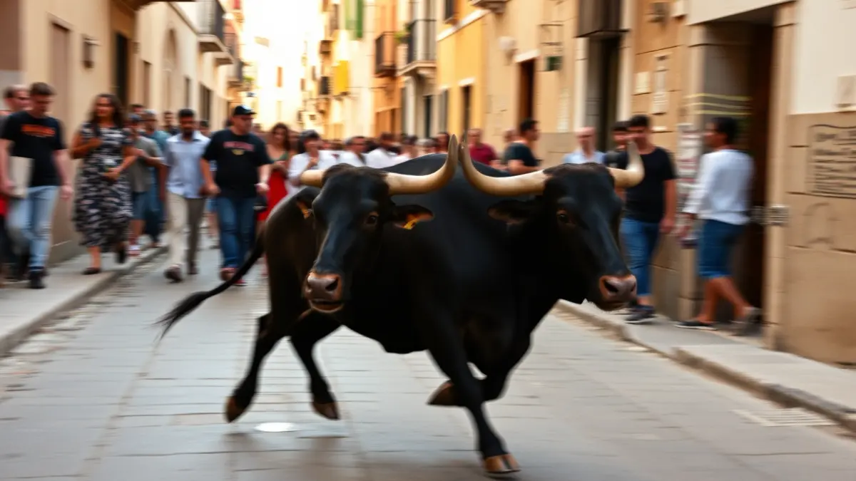 Image of a bull running through a narrow street of a Mediterranean town during bullfighting festivities.