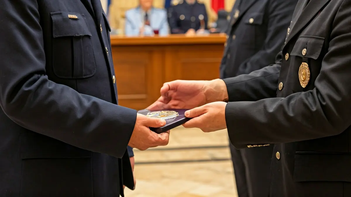 Imatge d'una mà d'un agent de policia rebent un distintiu honorífic en una cerimònia.