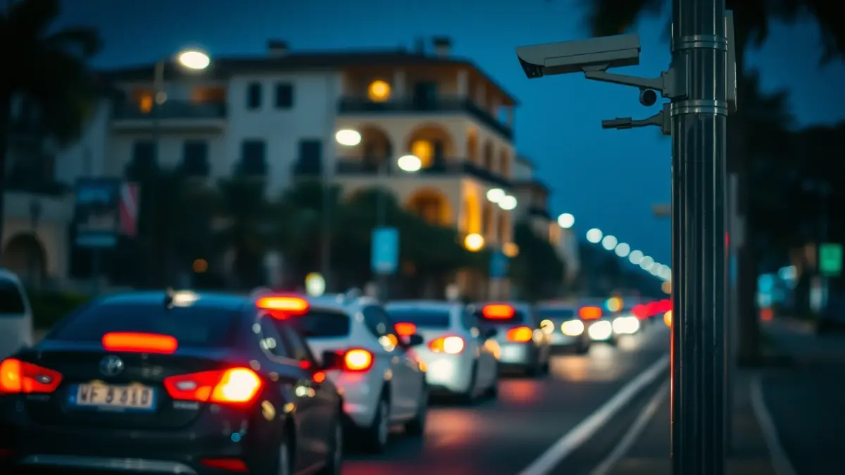 Imatge genèrica d'una xarxa de videovigilància en un entorn urbà nocturn, amb llums borroses de vehicles i càmeres de seguretat.