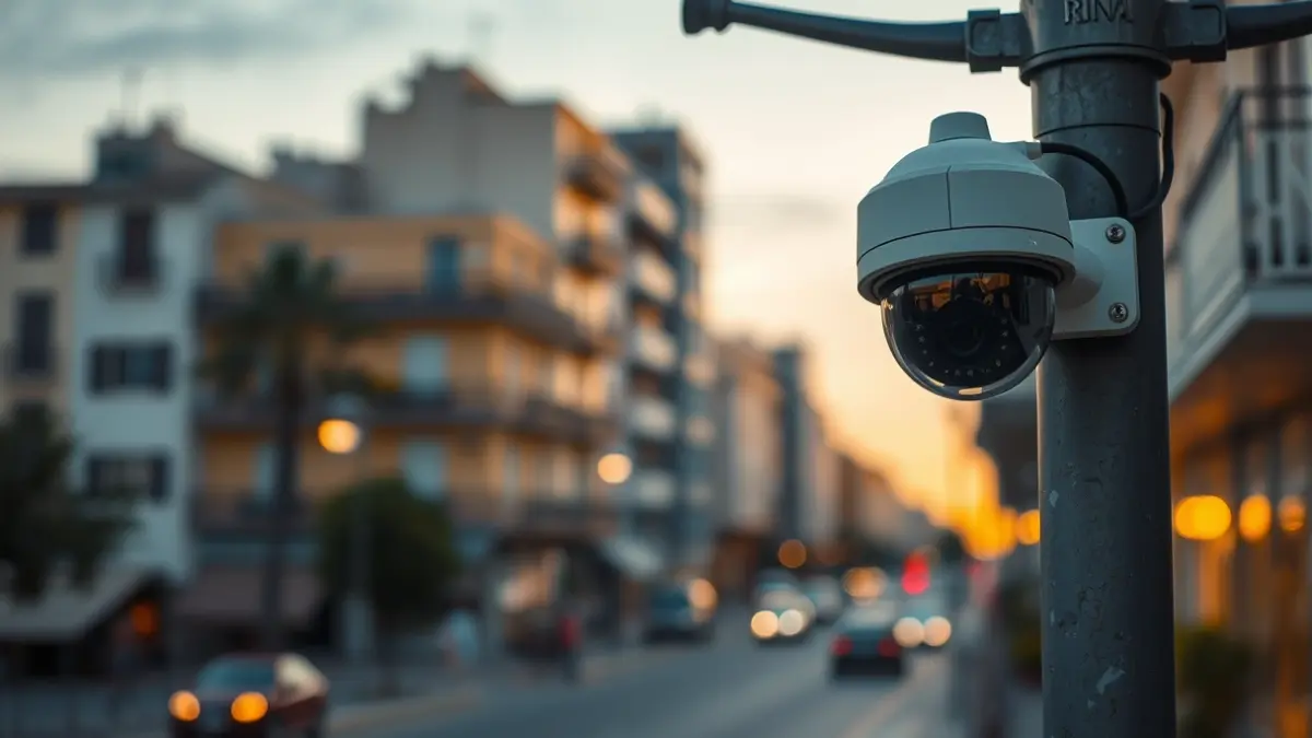 Generic image of an urban video surveillance camera on a street light pole.